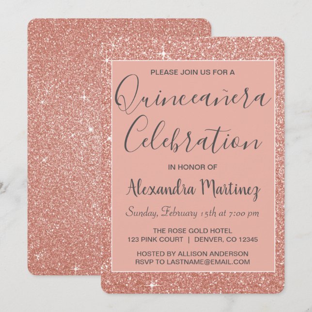 Invitación Celebración de Quinceanera, Purpurina de la Marcha (Anverso / Reverso)