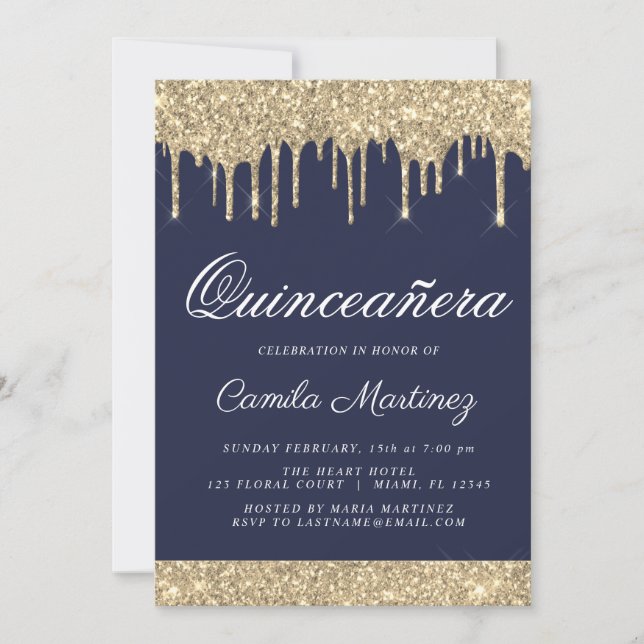 Invitación Celebración de Quinceañera, Purpurina de Oro Azul  (Anverso)