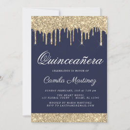 Invitación Celebración de Quinceañera, Purpurina de Oro Azul 
