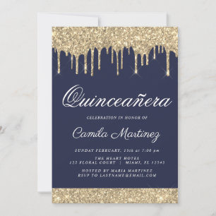 Invitación Celebración de Quinceañera, Purpurina de Oro Azul 