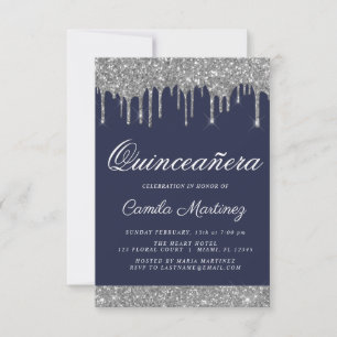 Invitación Celebración de Quinceañera, Purpurina de plata azu