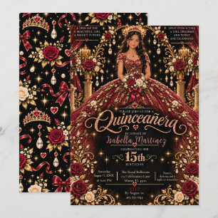Invitación Celebración de Quinceañera Roja y Dorada