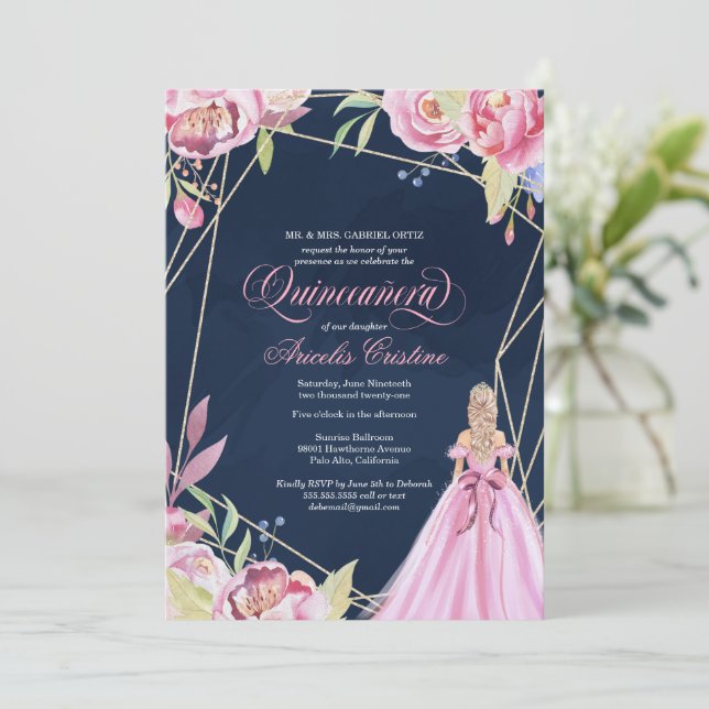 Invitación Celebración de quinceañera rosa y azul marino y ve (Anverso de pie)