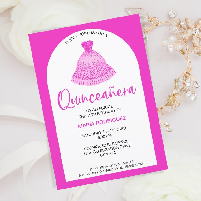 Invitación Celebración de Quinseanera con traje rosa moderno  (pink gown quinceanera invitation)