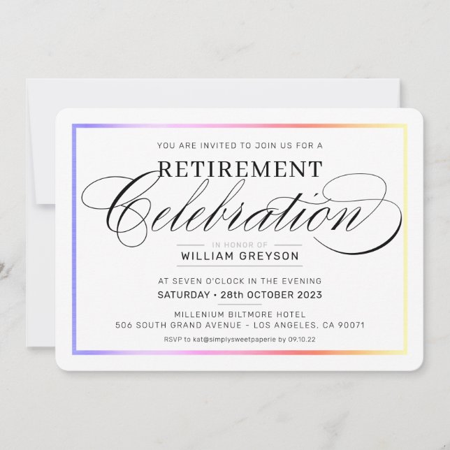 Invitación CELEBRACIÓN DE RETIREMENT CENNER color arcoiris mo (Anverso)