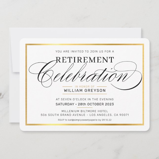 Invitación CELEBRACIÓN DE RETIREMENT CENNER negro dorado mode (Anverso)