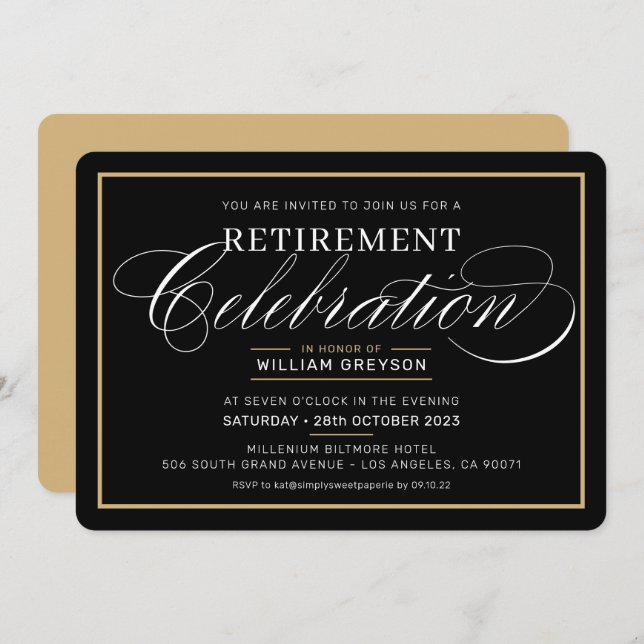 Invitación CELEBRACIÓN DE RETIREMENT CENNER oro negro moderno (Anverso / Reverso)