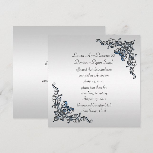Invitación Celebración de Sapphire Jeweld Swirls Post Boda (Anverso / Reverso)