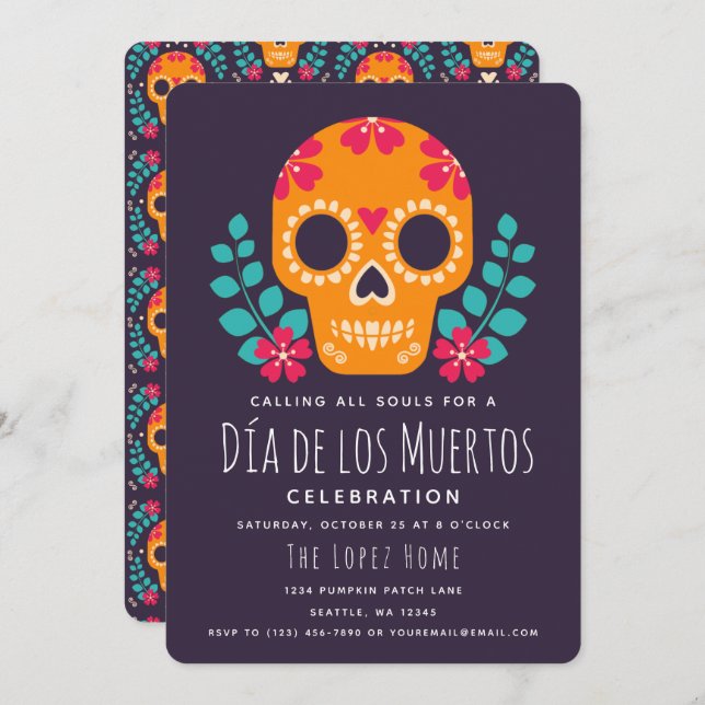 Invitación Celebración de Sugar Skulls Día de los Muertos (Anverso / Reverso)