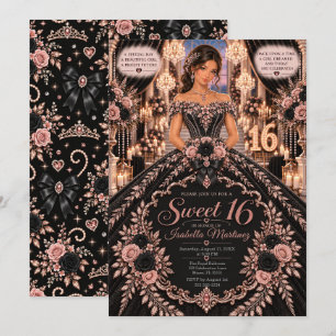 Invitación Celebración de Sweet 16 en negro y rosa oro