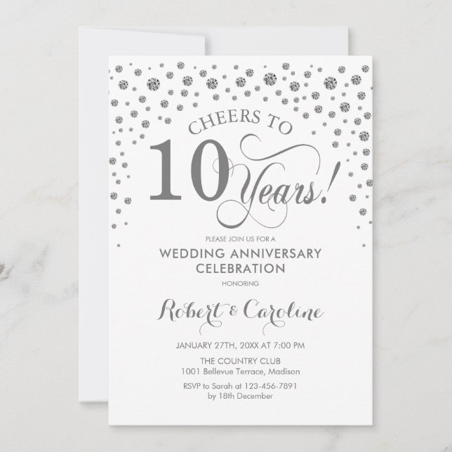 Invitación Celebración del 10° aniversario - Blanco plateado (Anverso)