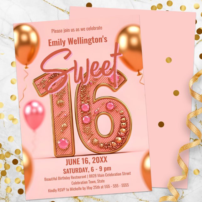 Invitación Celebración del 16 de oro y rosa brillante (Subido por el creador)