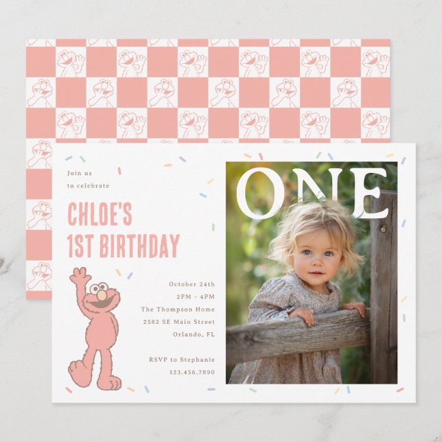 Invitación Celebración del 1er Cumpleaños de Elmo Rosa Confet (Anverso / Reverso)