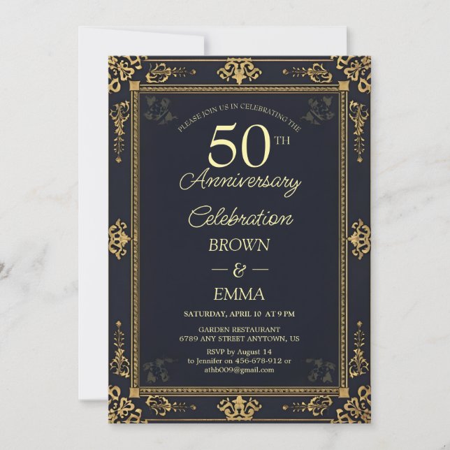 Invitación Celebración del 50º Aniversario Elegante Negro Oro (Anverso)