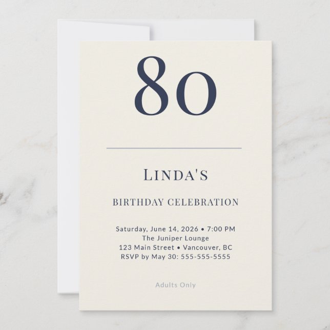 Invitación Celebración del 80 cumpleaños Classic Navy & Cream (Anverso)