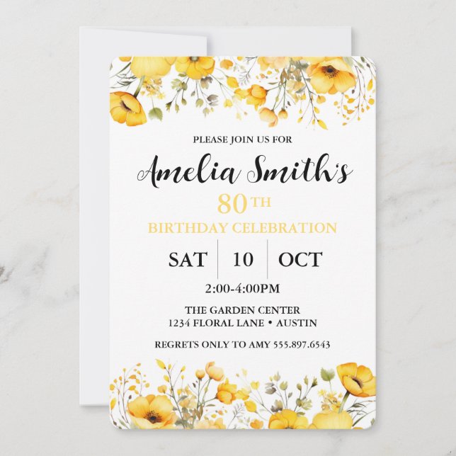Invitación Celebración del 80 cumpleaños con flores amarillas (Anverso)