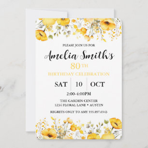 Invitación Celebración del 80 cumpleaños con flores amarillas