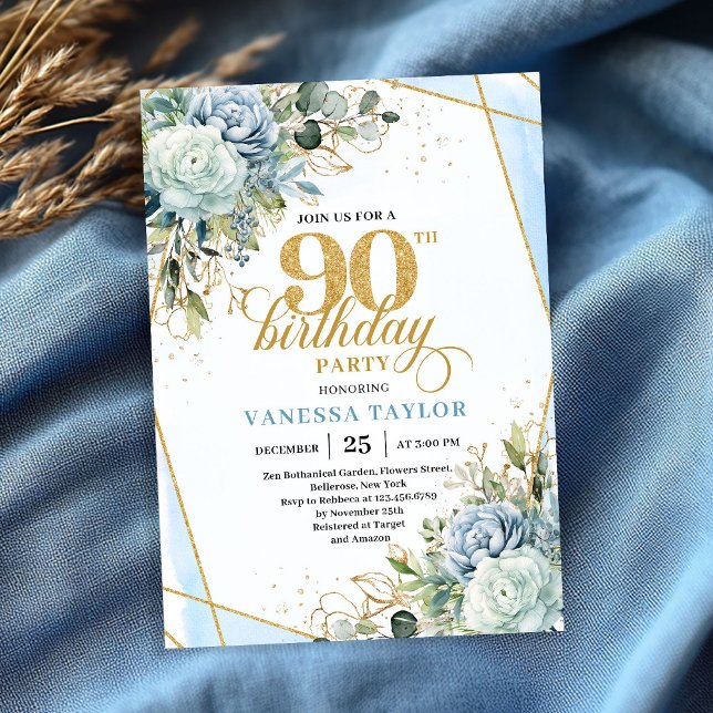 Invitación Celebración del 90 cumpleaños con marco de oro ref (Refined gold frame style 90th birthday celebration card)
