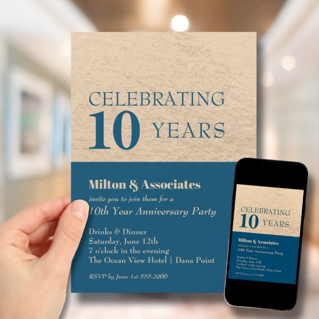 Invitación Celebración del aniversario de negocios Blue & Gol (Change to ANY YEAR. Order printed and instant download (great to email as a reminder.))