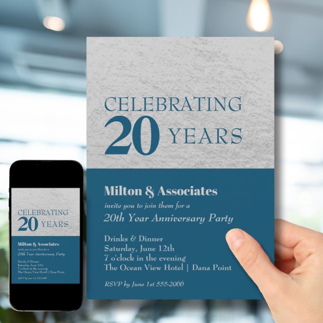 Invitación Celebración del aniversario de negocios Blue & Sil (Change to ANY YEAR. Order printed and instant download (great to email as a reminder.))