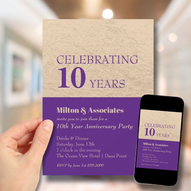 Invitación Celebración del aniversario de negocios morado y o (Change to ANY YEAR. Order printed and instant download (great to email as a reminder.))