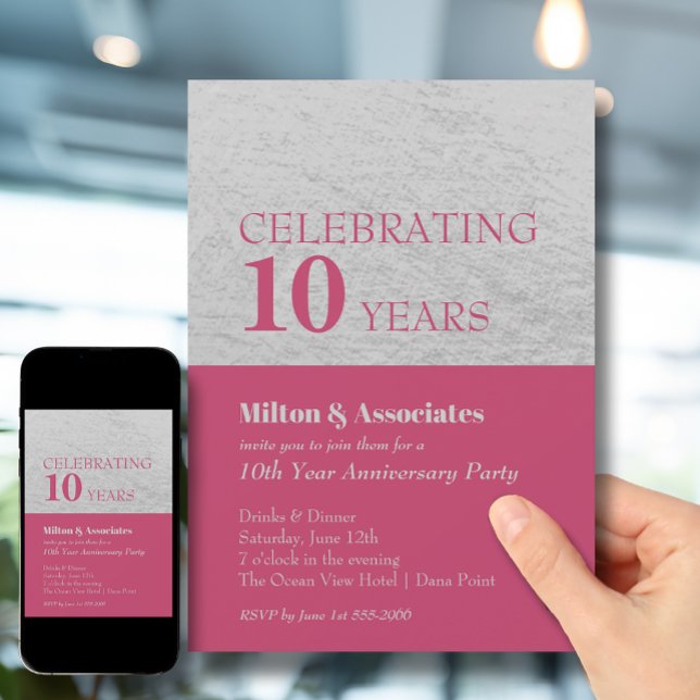Invitación Celebración del aniversario de negocios Plata rosa (Change to ANY YEAR. Order printed and instant download (great to email as a reminder.))