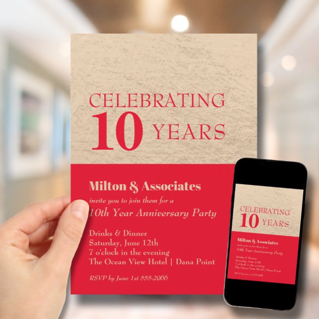 Invitación Celebración del aniversario de negocios rojo y oro (Change to ANY YEAR. Order printed and instant download (great to email as a reminder.))