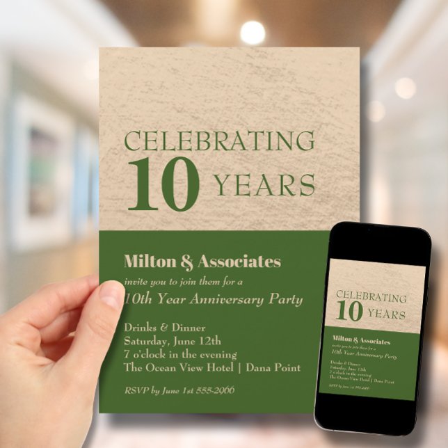 Invitación Celebración del aniversario de negocios Verde y Or (Change to ANY YEAR. Order printed and instant download (great to email as a reminder.))