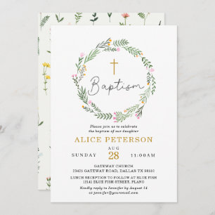 Invitación Celebración del bautismo Chica de flores silvestre