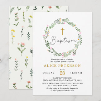 Invitación Celebración del bautismo Chica de flores silvestre