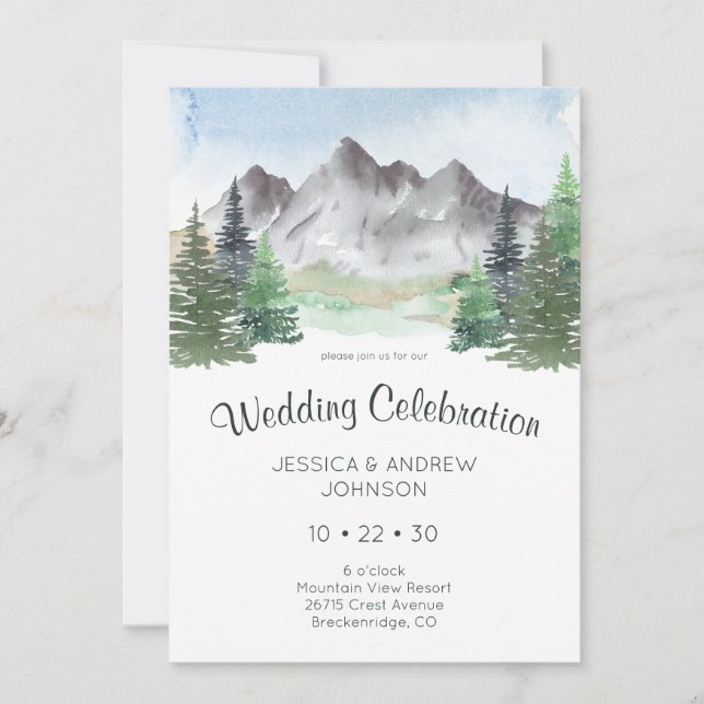 Invitación Celebración del Boda de acuarela de montaña (Anverso)