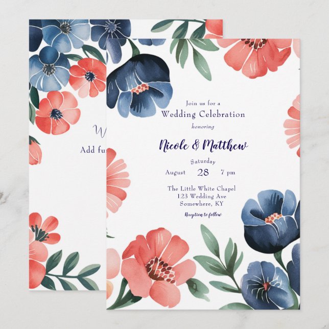 Invitación Celebración del Boda de Bouquet pintado de azul y  (Anverso / Reverso)