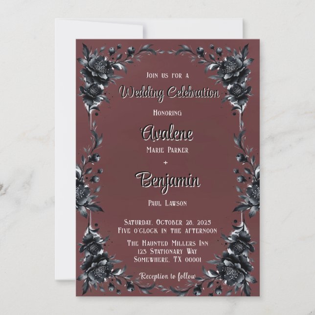 Invitación Celebración del Boda de flor negra gótica roja de  (Anverso)
