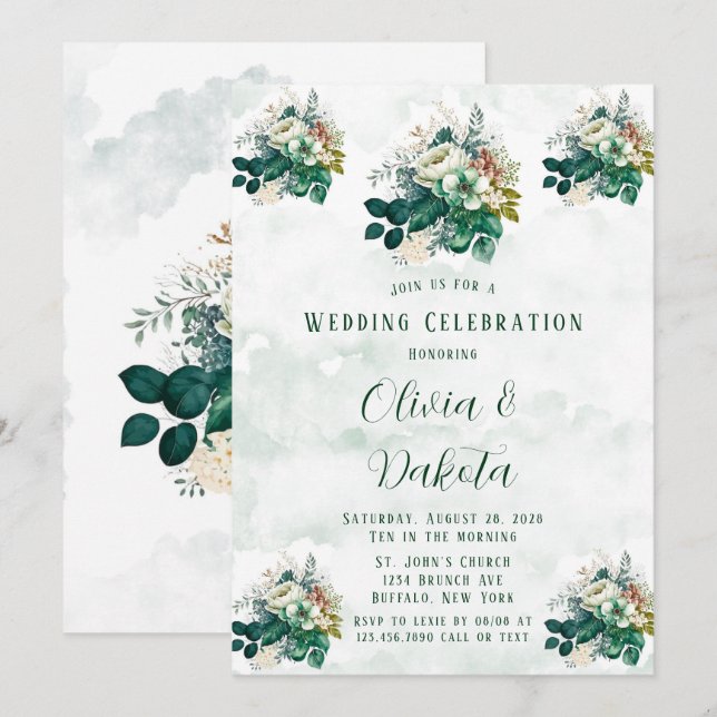 Invitación Celebración del Boda de Florals del Crema Verde Es (Anverso / Reverso)