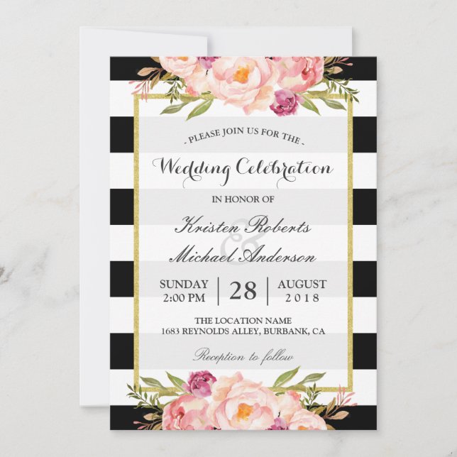 Invitación Celebración del Boda de oro floral de moda Stripes (Anverso)