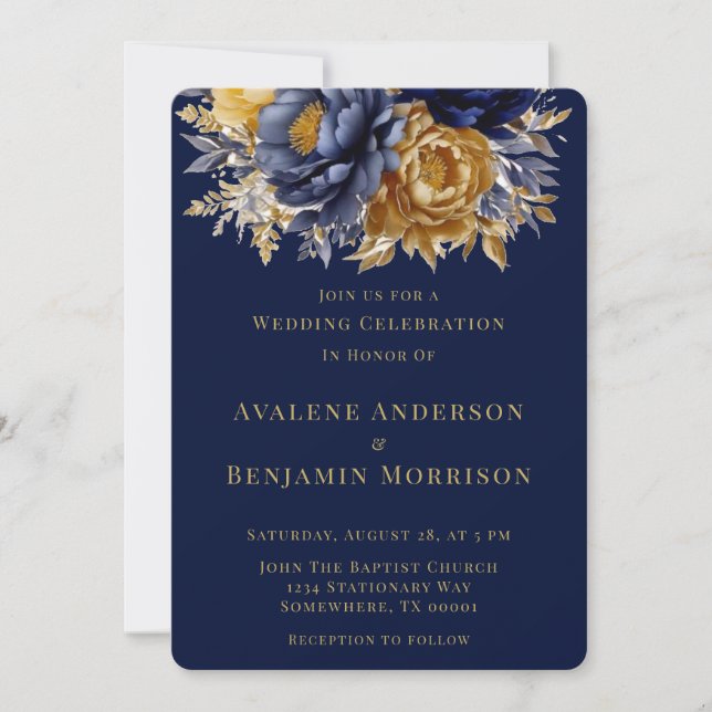 Invitación Celebración del Boda de Peonía Marina y Acuarela d (Anverso)