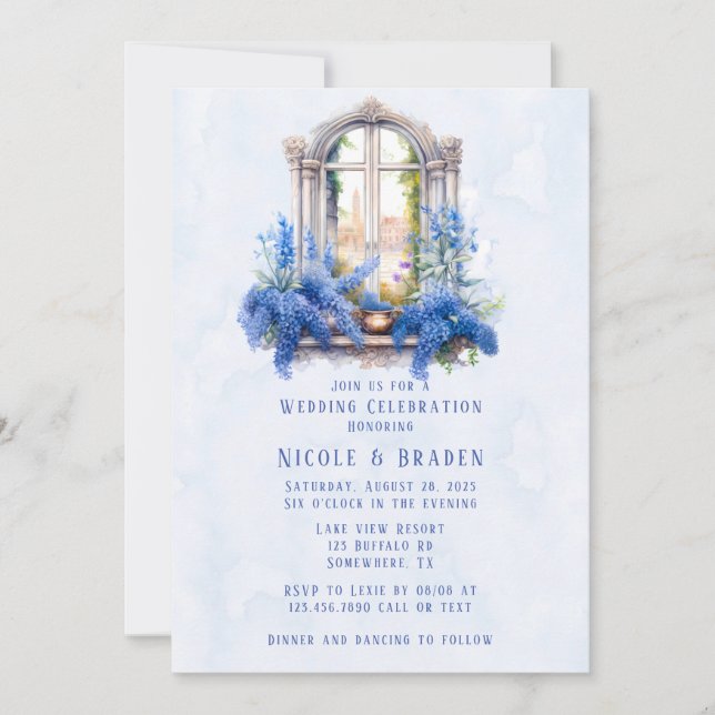 Invitación Celebración del Boda floral azul vista por la igle (Anverso)