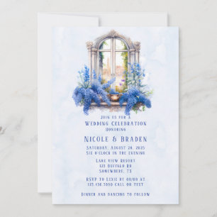 Invitación Celebración del Boda floral azul vista por la igle