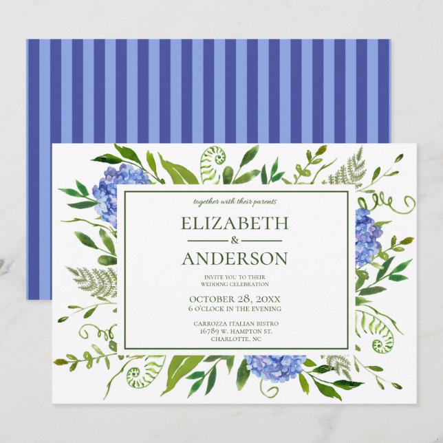 Invitación Celebración del Boda floral Blue Hydrangeas (Anverso / Reverso)