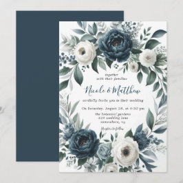 Invitación Celebración del Boda floral de marfil de plata azu