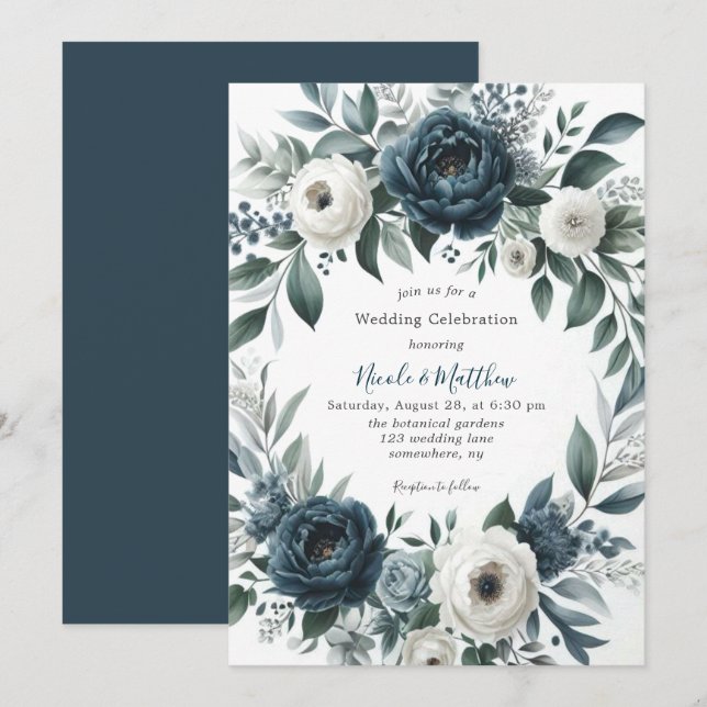 Invitación Celebración del Boda floral de marfil de plata azu (Anverso / Reverso)