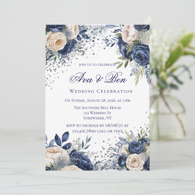 Invitación Celebración del Boda floral de marfil y azul de ma (Anverso de pie)