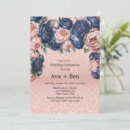 Invitación Celebración del Boda floral de oro azul y Rosa de 