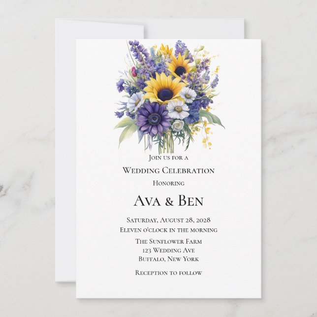 Invitación Celebración del Boda Lavanda y girasoles (Anverso)