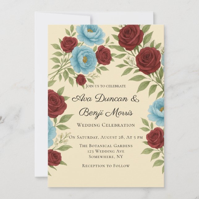 Invitación Celebración del Boda Lyon Blue Peony y Red Roses (Anverso)
