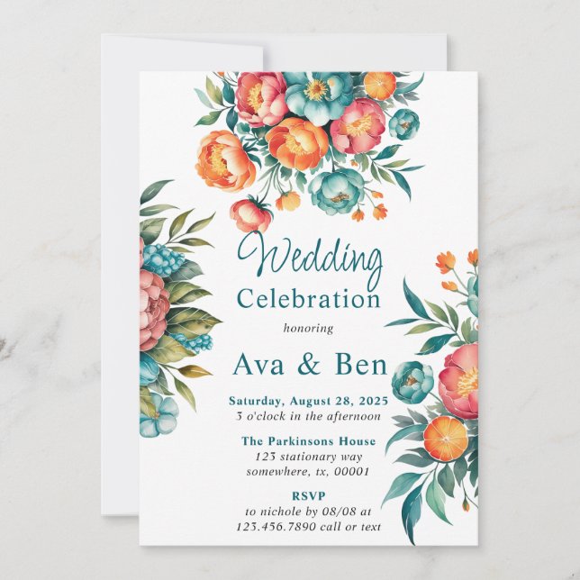 Invitación Celebración del Boda Radiant Peony Bouquet (Anverso)