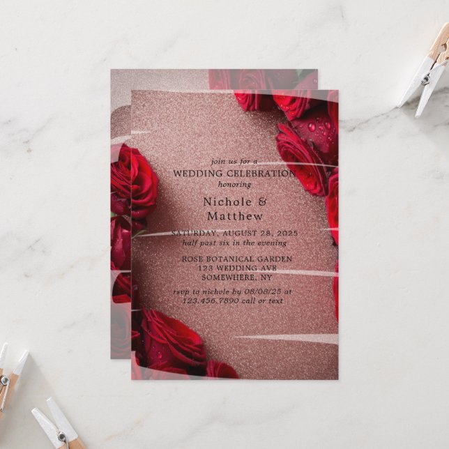 Invitación Celebración del Boda Rosa Purpurina de Oro y Roses (Anverso/Reverso In Situ)