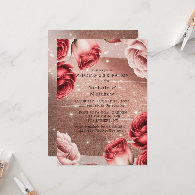 Invitación Celebración del Boda Rosa Purpurina de Oro y Roses (Anverso/Reverso In Situ)