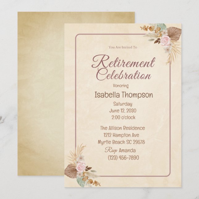 Invitación Celebración del Boho Floral Retirement Fiesta (Anverso / Reverso)