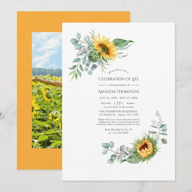 Invitación Celebración del Boho Sunflower Eucalyptus por la v (Anverso / Reverso)